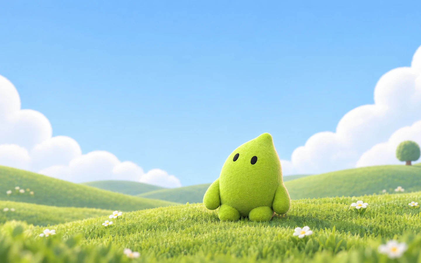 A daytime meadow of soft hills under big clouds. Axel, a small lime felt figure, sits in the grass.